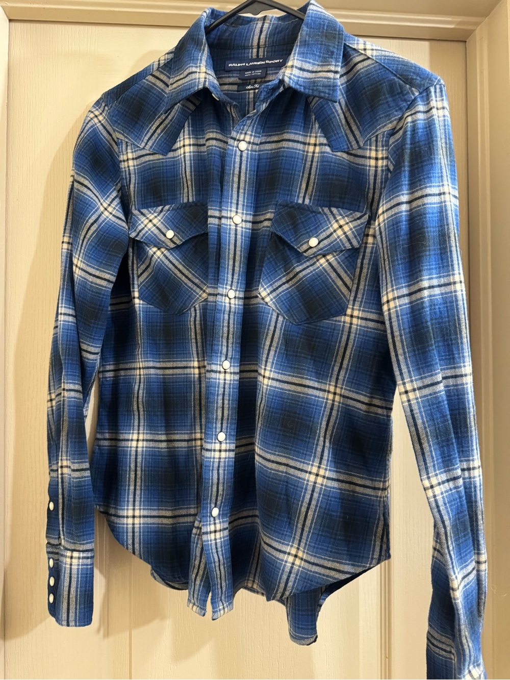 Ralph Lauren Blue and White Plaid Western Snap Shirt